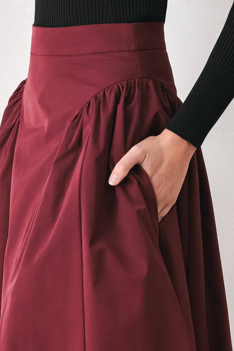 A Solid Woven Midi Skirt - Burgundy