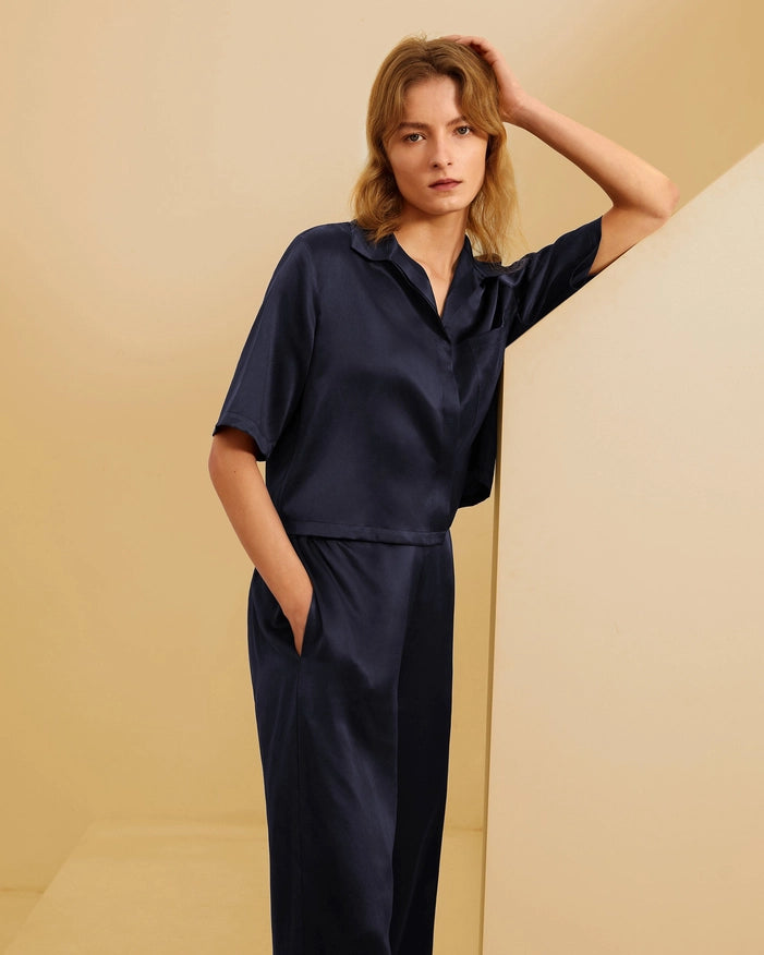 Short Sleeve Silk Pajamas Navy Blue-Pajamas-MommeSilk-XS-Urbanheer