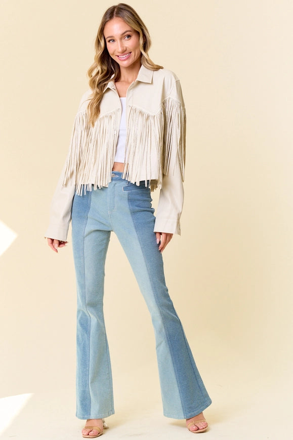 Cream Pu Silver Studded Fringe Button Down Jacket-Jacket-Saints & Hearts-S-Urbanheer