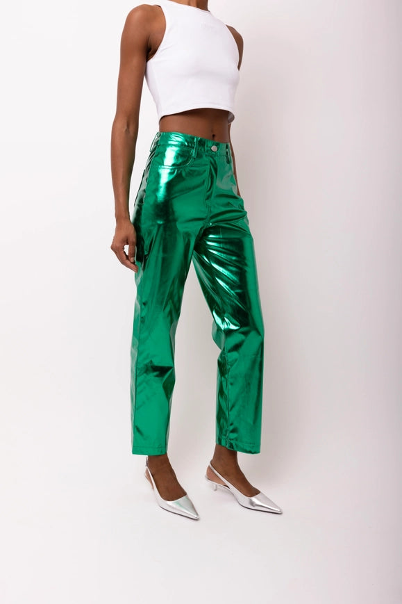 Lupe Straight Faux Leather Metallic Pants Forest Green-Pants-Amy Lynn-S-Urbanheer
