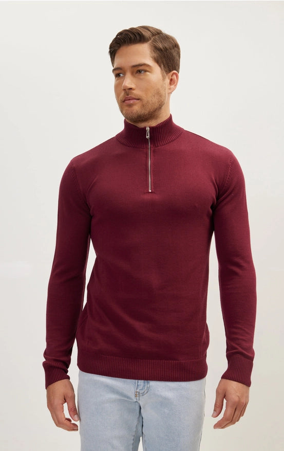 Quarter Zipper Mock Neck Ribbed Sweater - Burgundy-Sweater-Ron Tomson-S-Urbanheer