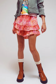 Shorts with Frilly Hem in Abstract Zebra Print in Orange-Shorts-Q2-S-Urbanheer