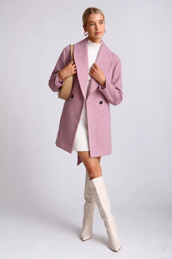 Wool Blend Belted Shawl Collar Peacoat Light Purple-COAT-Avec Les Filles-Urbanheer