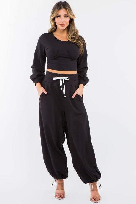 High Waisted Baggy French Terry Pants Black-Pants-LABIJOU-S-Urbanheer