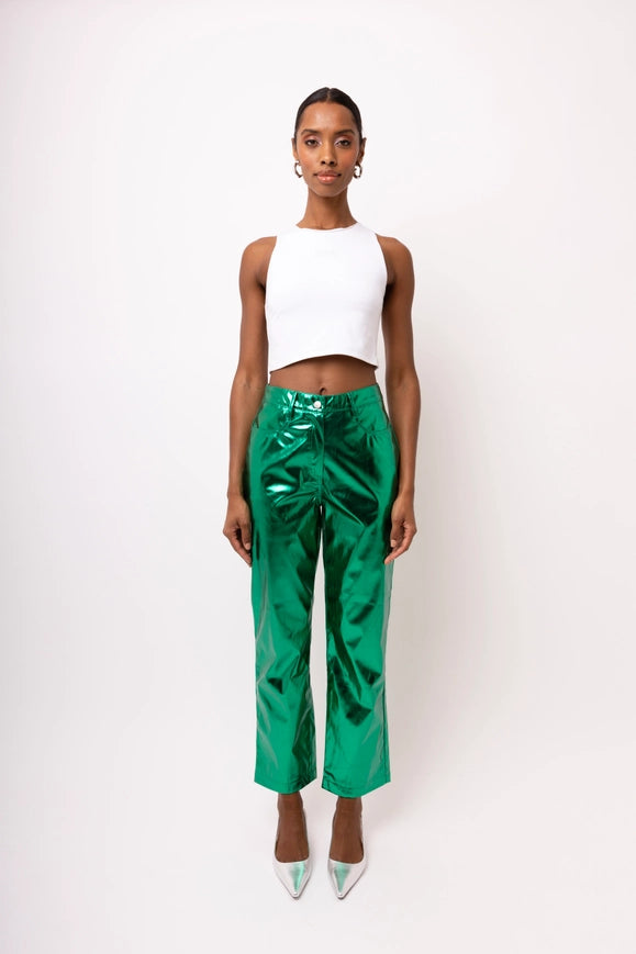 Lupe Straight Faux Leather Metallic Pants Forest Green-Pants-Amy Lynn-S-Urbanheer