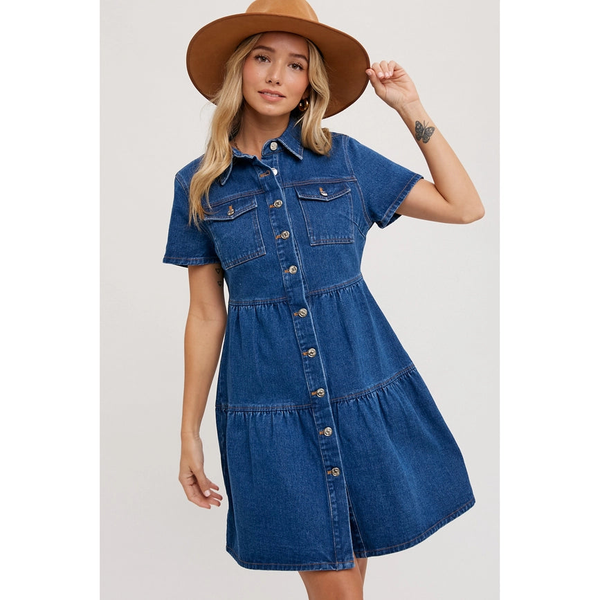 Tiered Denim Shirt Dress Med Wash-Dress-Faith Apparel-S-Urbanheer