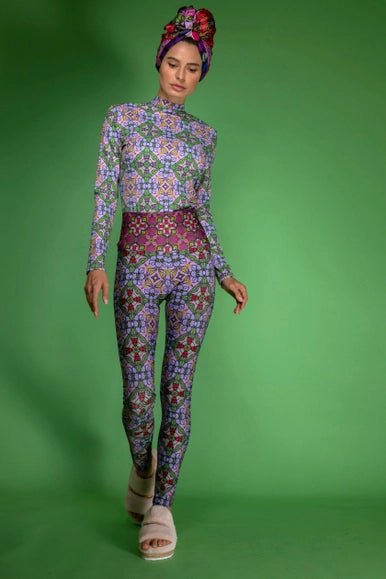 Botanic Stylish Print Trousers Deco Purple Stretchy Leggings-Nuvula-XS-Urbanheer