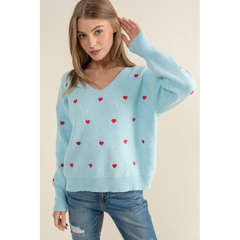 Plus Size Heart Pattern Boxy Knit Pullover Sweater Light Blue-SWEATER-Pink Irene Wholesale-1X/2X-Urbanheer