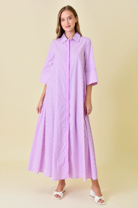Business Casual Loose Fit Striped Maxi Shirt DRESS-Dress-Fore Collection-Urbanheer