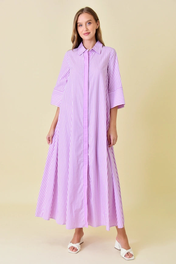 Business Casual Loose Fit Striped Maxi Shirt DRESS-Dress-Fore Collection-OFF WHITE/ORCHID-S-Urbanheer