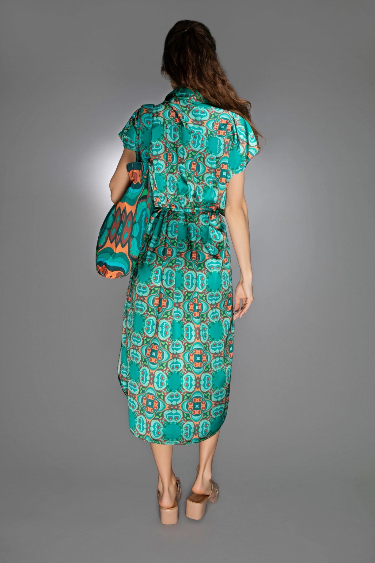 Teal/Orange Modern Relaxed Fit Satin Spread Collar Dress-Nuvula-XS-Urbanheer