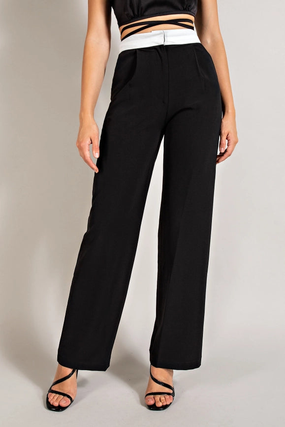 High Waisted Twill Trousers w/ Waist Contrast BLK/WHT-Trousers-EDIT by NINE-S-Urbanheer