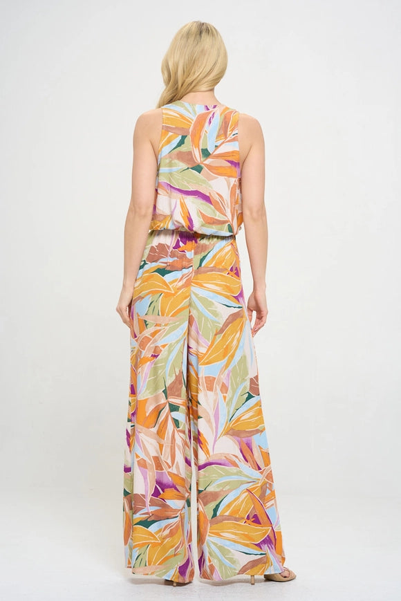 Made in USA Print V Neck Sleeveless Jumpsuit with Tie Coral-Jumpsuit-Renee C.-Urbanheer