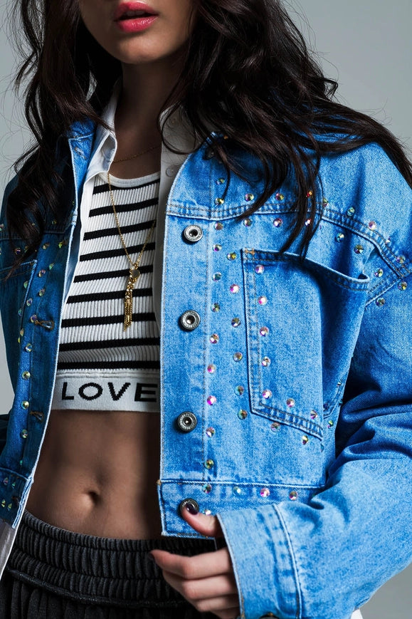 Denim Cropped Jacket in Blue with Studs and Chest Pockets-Shacket-Q2-Urbanheer