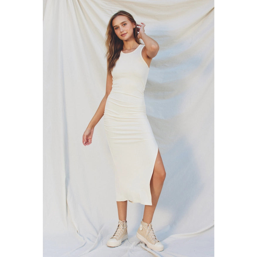 Ribbed Racerback Ruched Midi Dress Ivory-Dress-Dress Forum-S-Urbanheer