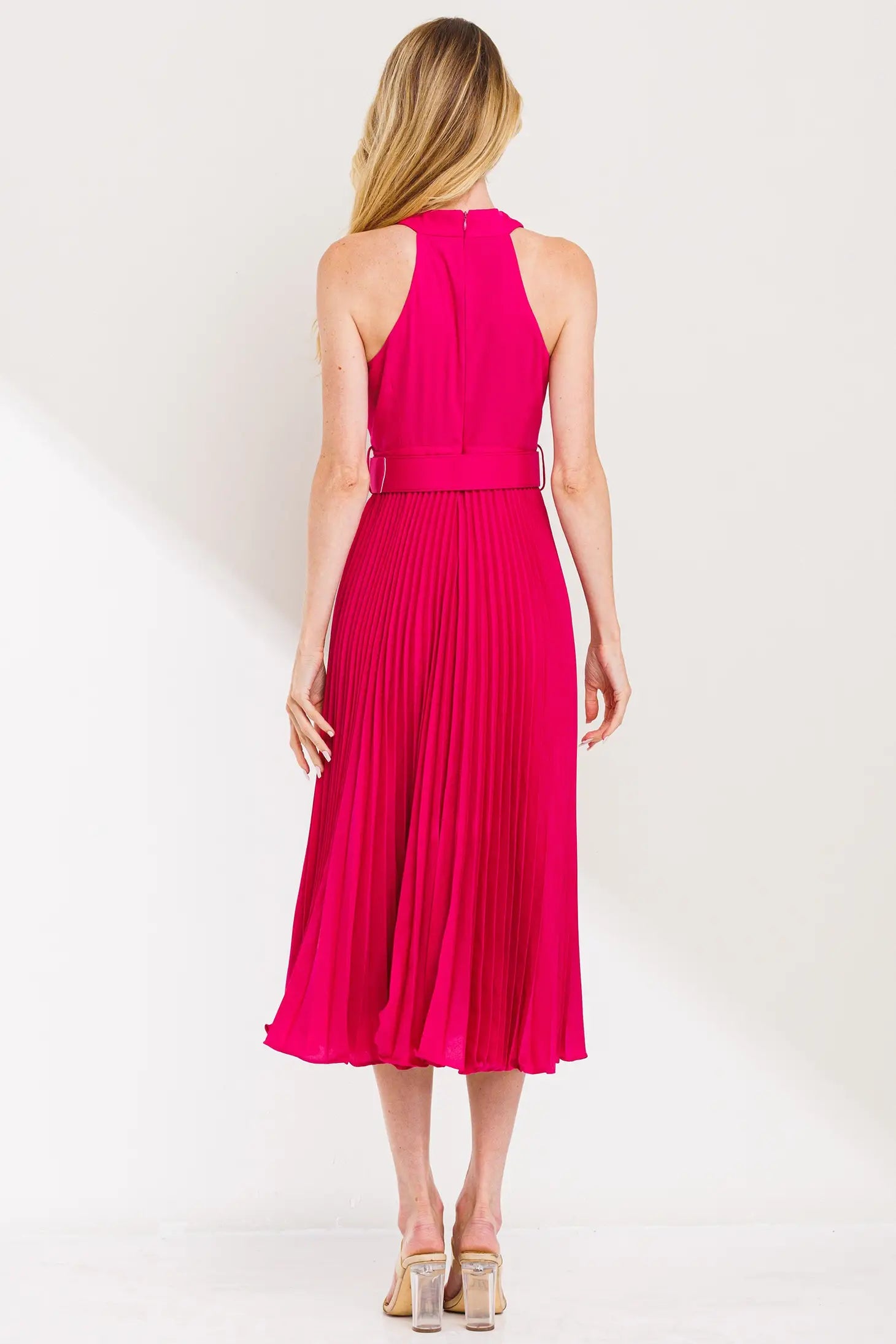 Cross Over Pleats Midi Dress- Fuchsia-Clothing - Women-Neon Blush-S-Fuchsia-Urbanheer