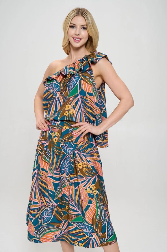 Tropical Leaf Print One Shoulder Top with Ruffle Blue/Orange-TOP-Renee C.-S-Blue/Orange-Urbanheer