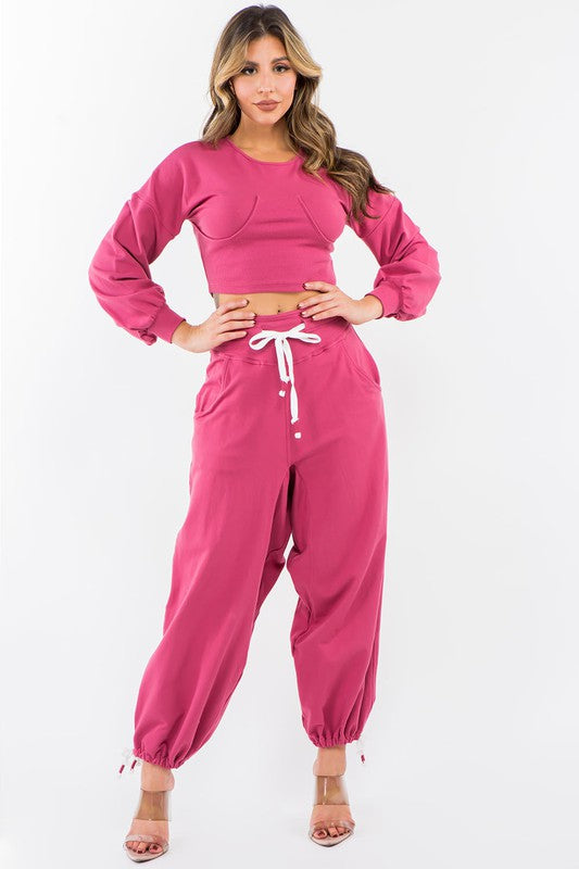 High Waisted Baggy French Terry Pants Magenta-Pants-LABIJOU-S-Urbanheer