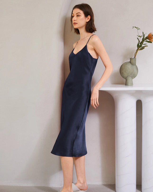 Classic Silk Night Gown Navy Blue-Night Gown-MommeSilk-XS-Urbanheer