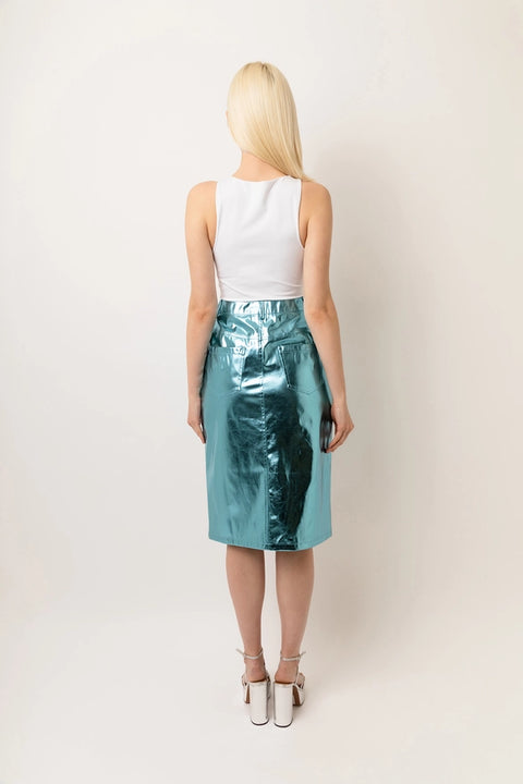 Lupe High Waist Metallic Knee Length Skirt Ice Blue-Skirts-Amy Lynn-S-Urbanheer