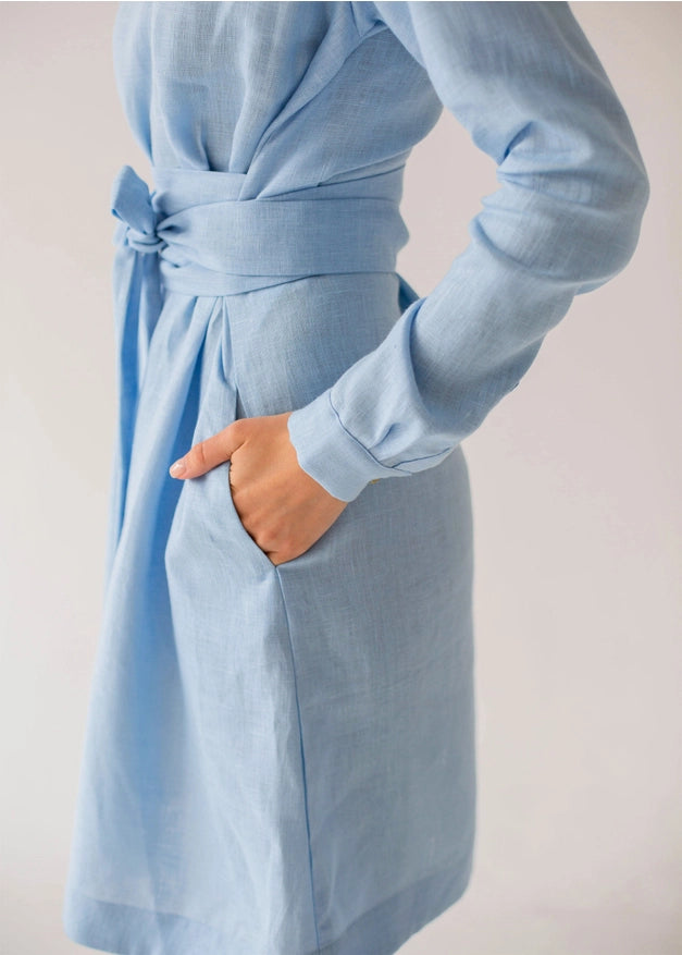 Sky Blue Wrap Tencel Belted Bridesmaid Dress For Women Long-Dress-Nich Linen-XXS-Urbanheer