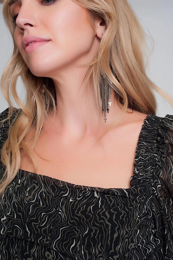 See-Through Top with Long Sleeves Geo Print in Black Color-Top-Q2-L-Urbanheer