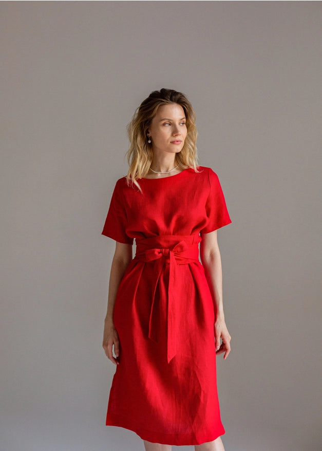 Wrap Linen Tie Belt Red Dress For Women Long With Pockets-Dress-Nich Linen-XXS-Urbanheer