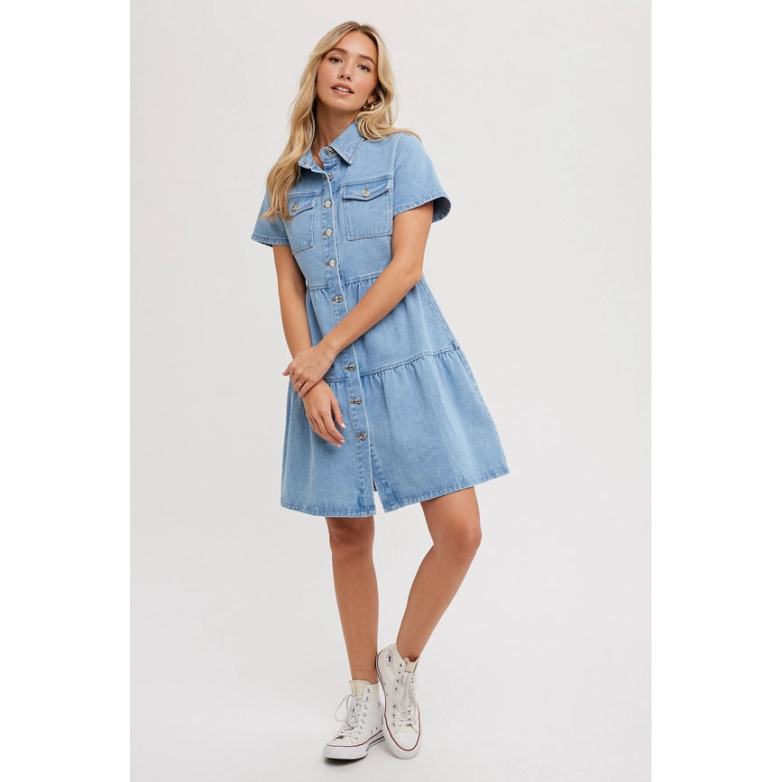 Tiered Denim Shirt Dress Lt Wash-Dress-Bluivy-S-Urbanheer