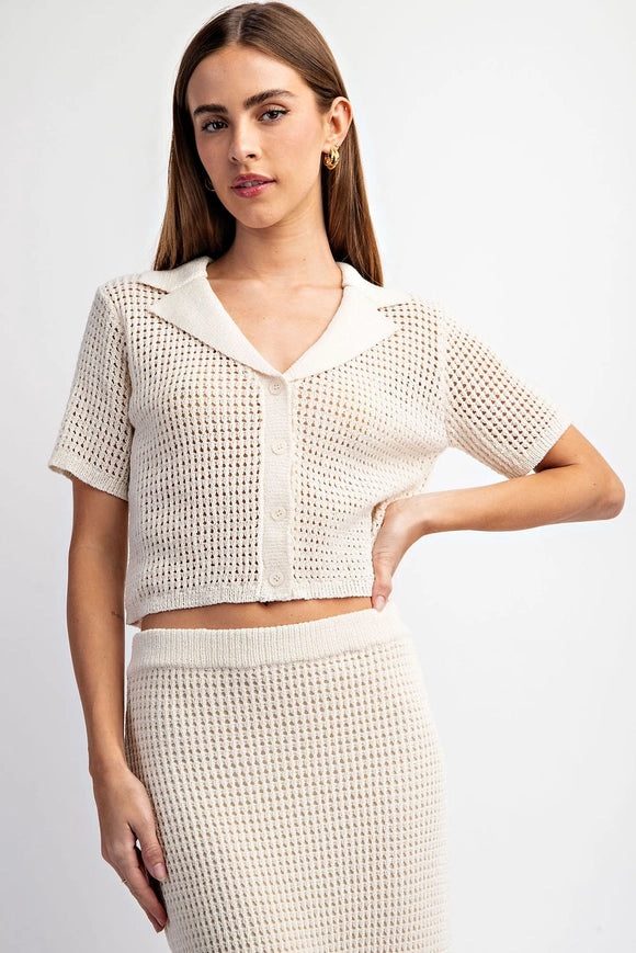 Short Sleeve Open Knit Collared Sweater Top Ivory-Top-EDIT by NINE-Urbanheer