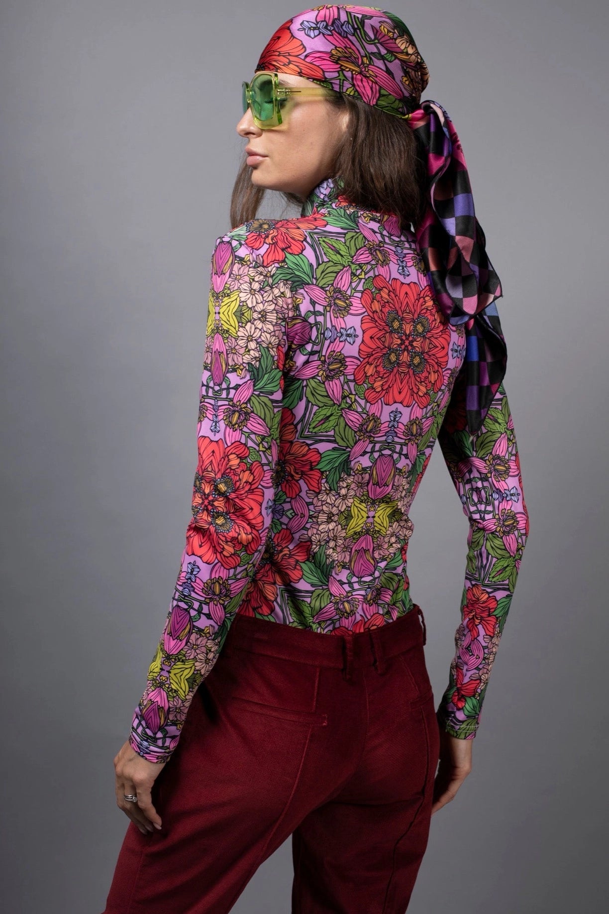 Roll Neck Red Garden Turtleneck Long Sleeves Bodysuit-Nuvula-S-Urbanheer