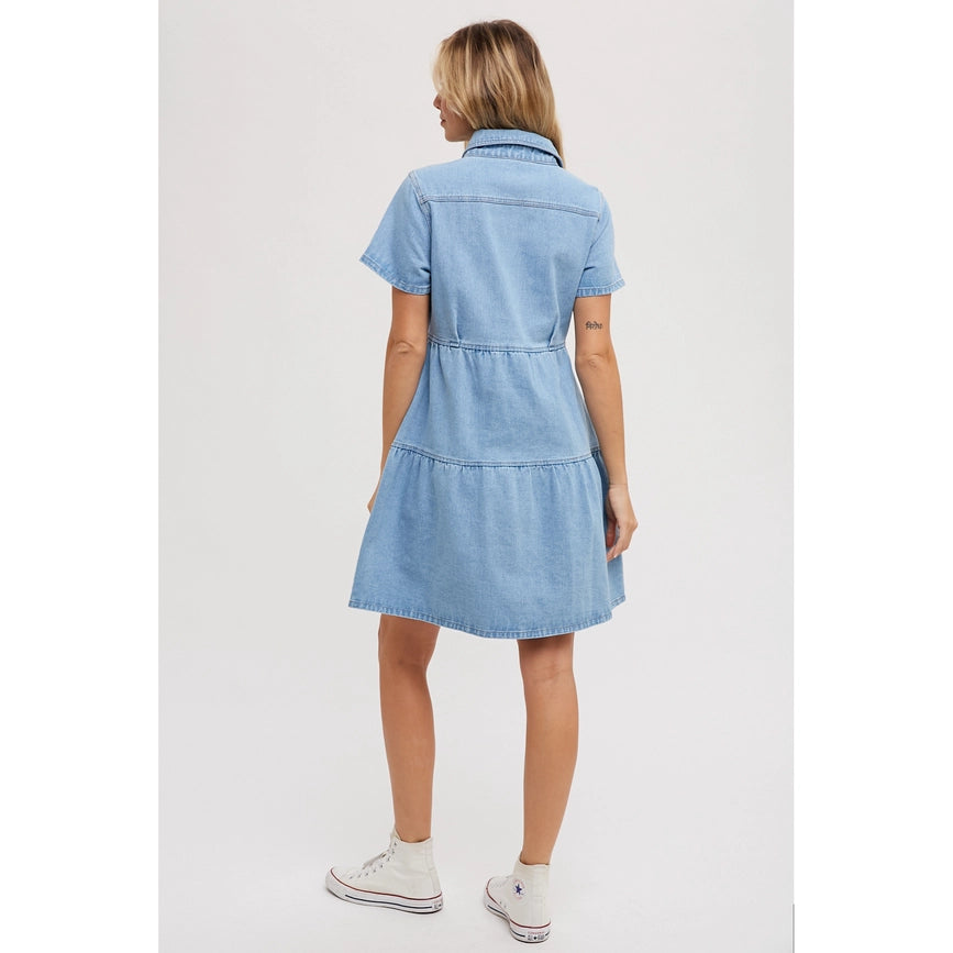 Tiered Denim Shirt Dress Lt Wash-Dress-Bluivy-S-Urbanheer