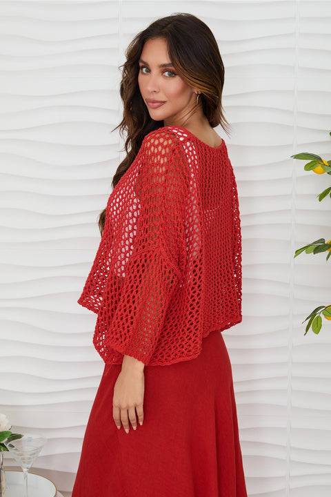 Drop Shoulder Crochet V-Neck Tunic - Red Flame