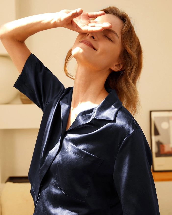Short Sleeve Silk Pajamas Navy Blue-Pajamas-MommeSilk-XS-Urbanheer