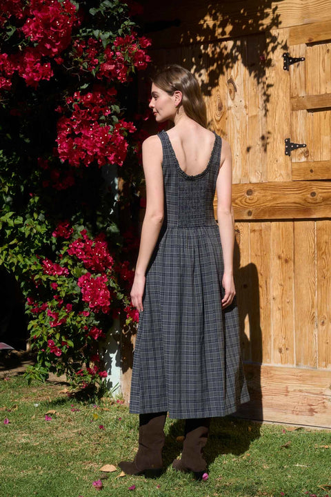 Plaid Low Waist Scoop Neck Midi Dress