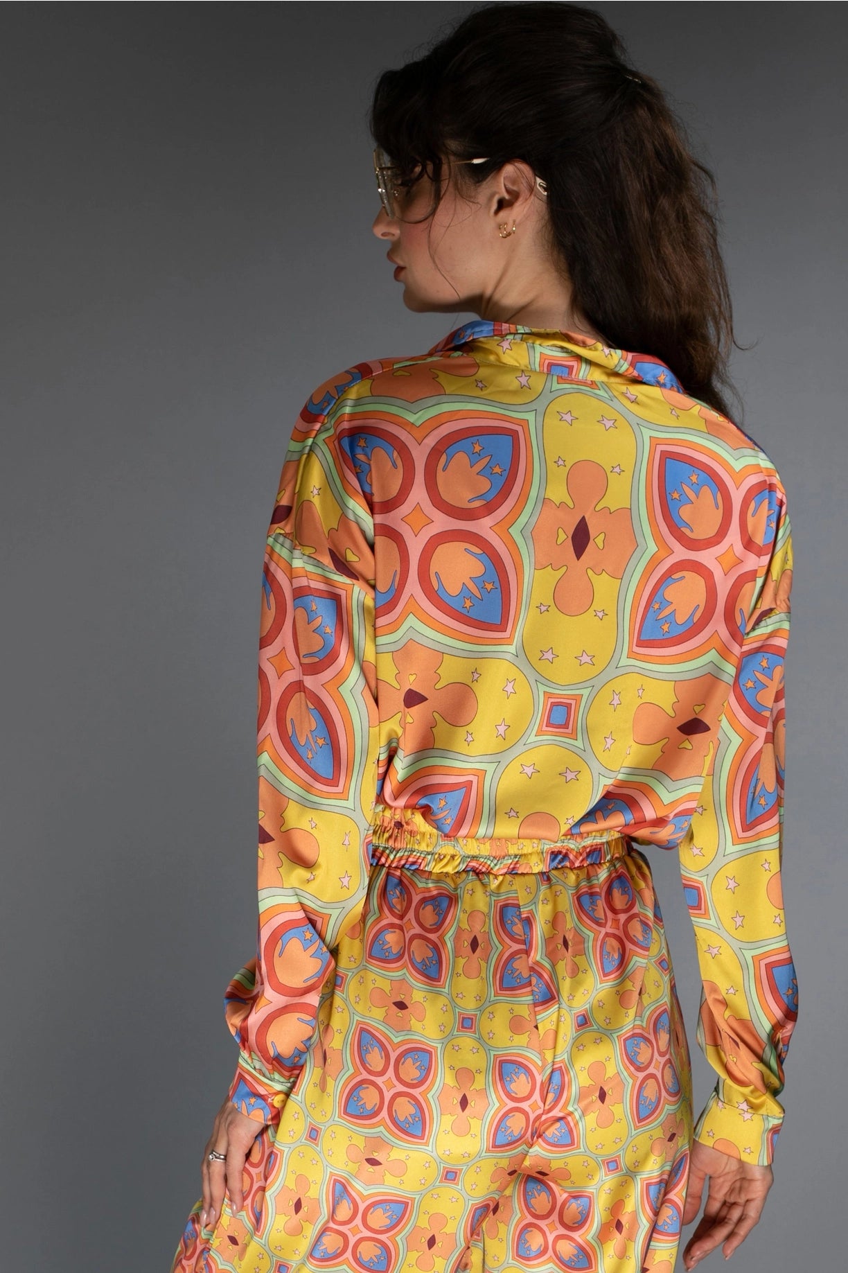 Loose Fit Floral Patterned Mustard Mescaline Satin Blouse-Nuvula-S-Urbanheer
