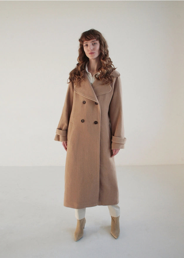 Camel Maxi Double-Breasted Italian Wool Coat with Collar