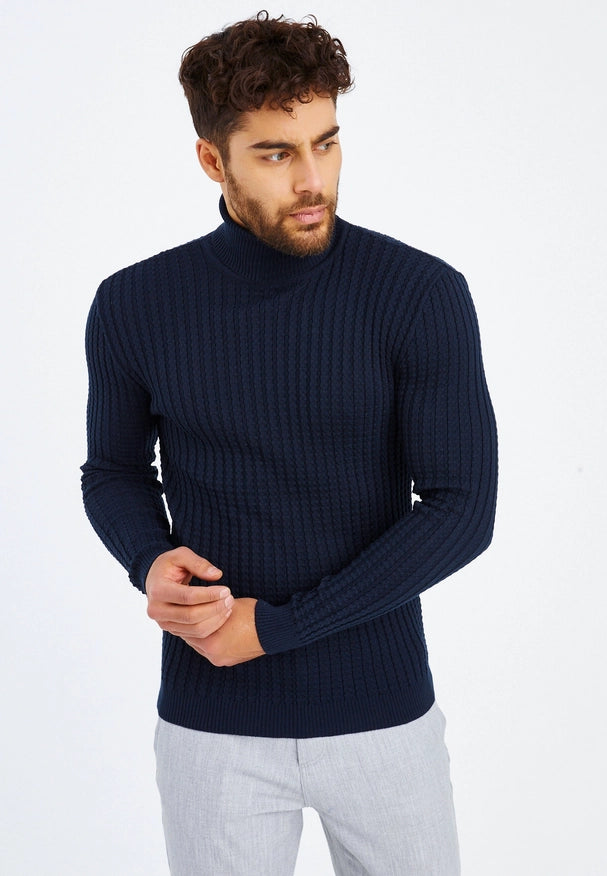 Men'S Knitted Fine Knit Turtleneck Pullover Blue-SWEATER-Leif Nelson GmbH-XXL-Urbanheer