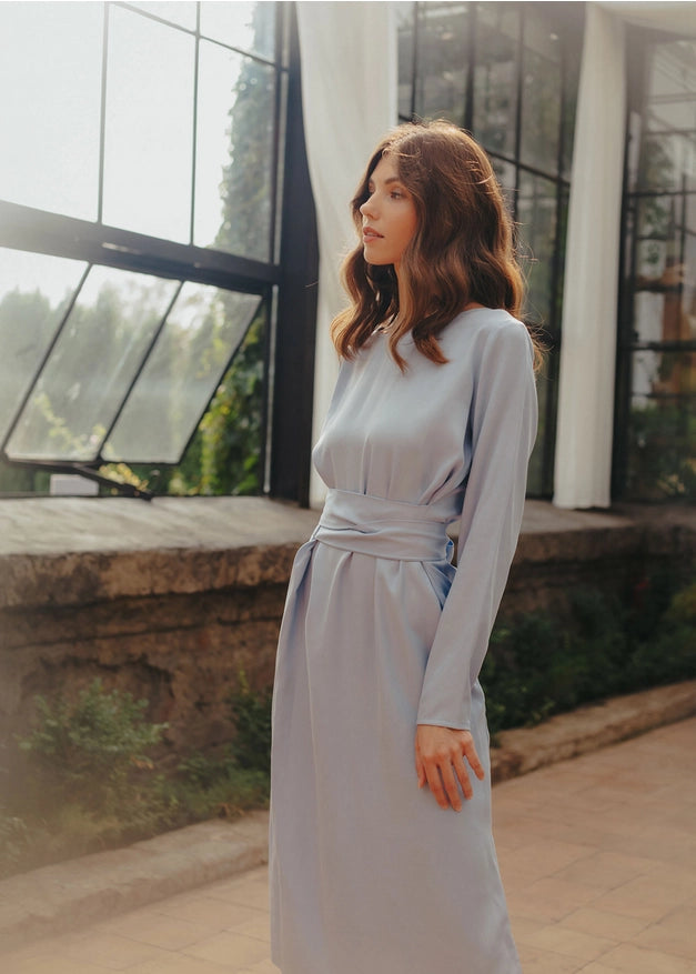 Sky Blue Wrap Tencel Belted Bridesmaid Dress For Women Long-Dress-Nich Linen-XXS-Urbanheer