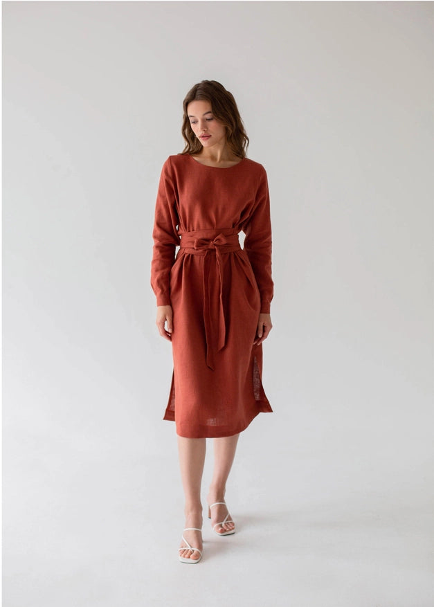 Burnt Orange Linen Wrap Dress, Sustainable Dress For Women-Dress-Nich Linen-XXS-Urbanheer