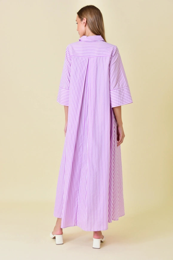 Business Casual Loose Fit Striped Maxi Shirt DRESS-Dress-Fore Collection-OFF WHITE/ORCHID-S-Urbanheer