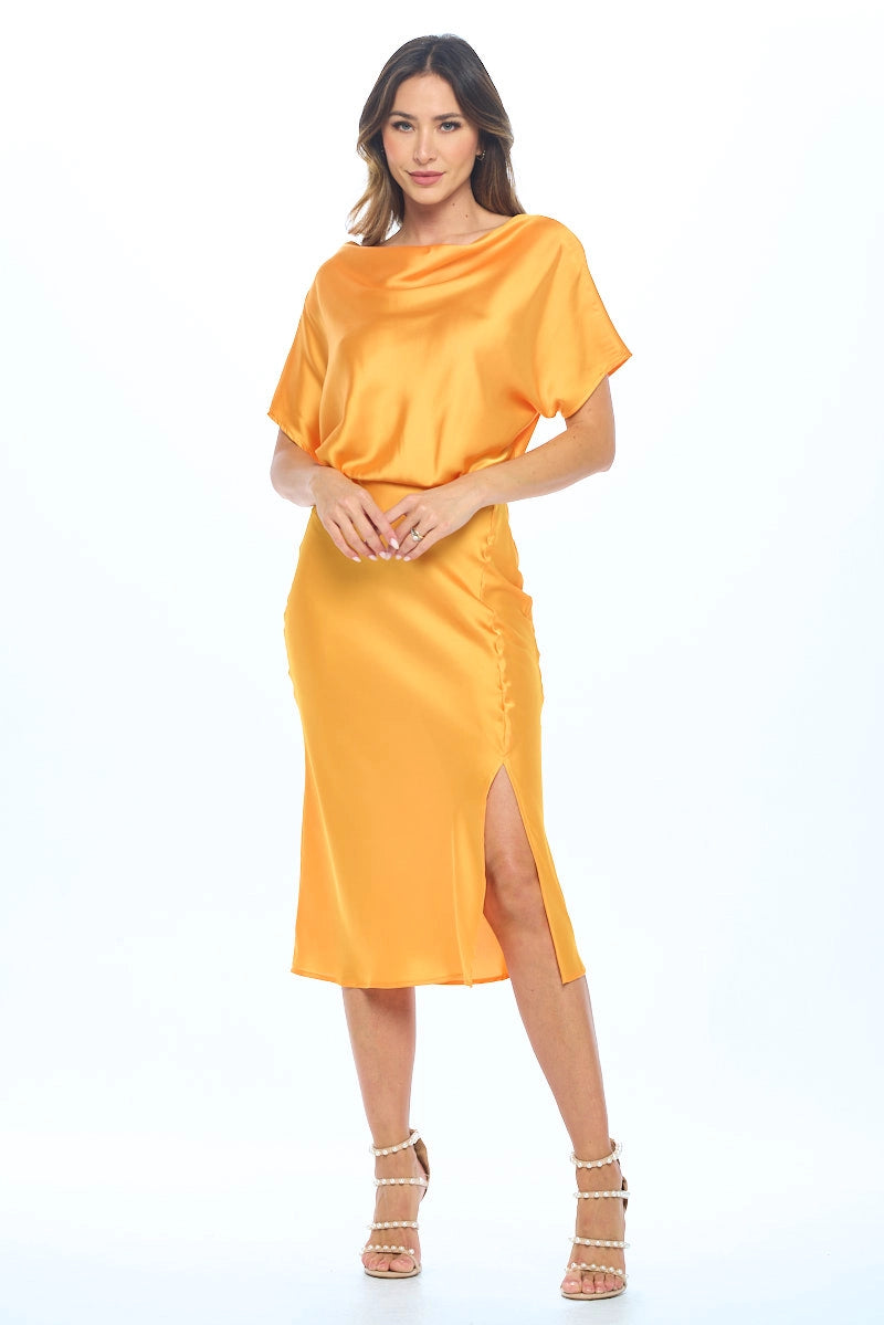 Satin Stretch Print Dress With Slit-Renee C.-S-Urbanheer