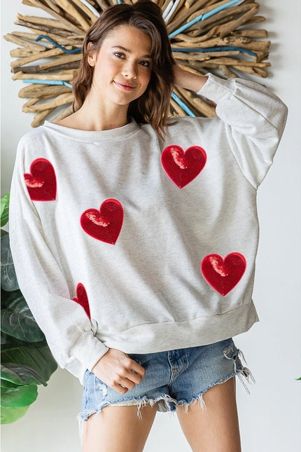 Sequined Heart Patch Sweatshirt-Sweatshirt-Peace Love Line-S-H GREY/RED HEARTS-Urbanheer