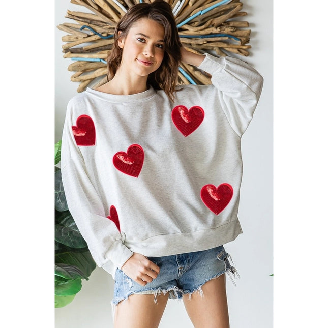 Sequined Heart Patch Sweatshirt-Sweatshirt-Peace Love Line-S-H GREY/RED HEARTS-Urbanheer