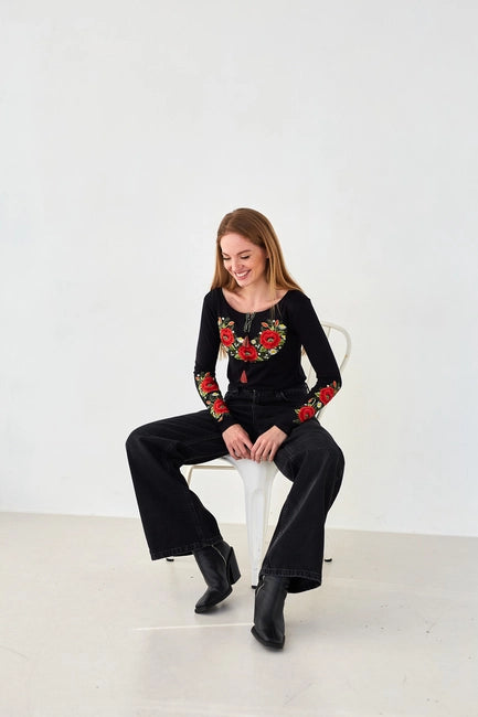 Embroidered Sweater Crimson Poppies Black-Clothing - Women-Handmade Originals Ukraine-S-Urbanheer