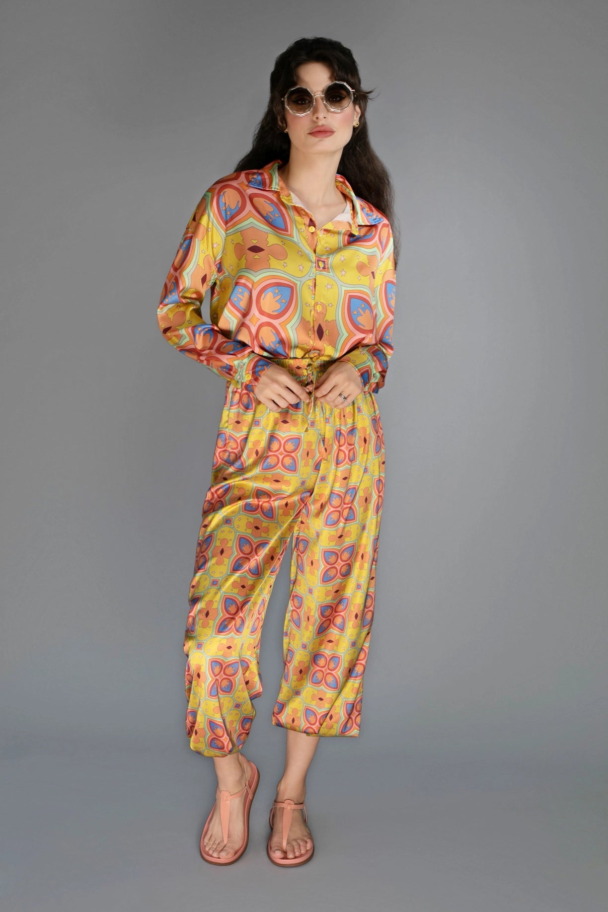 Loose Fit Floral Patterned Mustard Mescaline Satin Blouse-Nuvula-S-Urbanheer