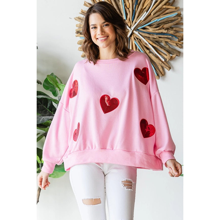 Sequined Heart Patch Sweatshirt-Sweatshirt-Peace Love Line-S-H GREY/PINK HEARTS-Urbanheer