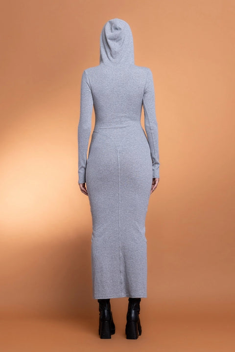 Ribbed Zip Up Maxi Dress w/ Hoodie-Hoodie-No Vacancy-S-Heather Grey-Urbanheer