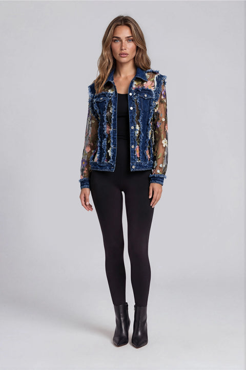 Floral Embroidered Mesh & Frayed Denim Jacket