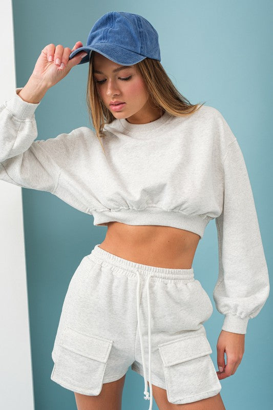 Emilia Cropped Balloon Sweatshirt And Shorts-TOP-Papermoon-white melange-S-Urbanheer