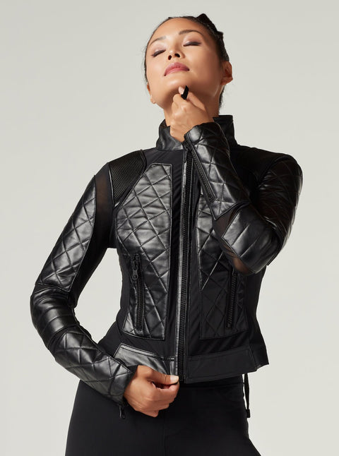 Classic Black Quilted Genuine Leather Mesh Moto Jacket